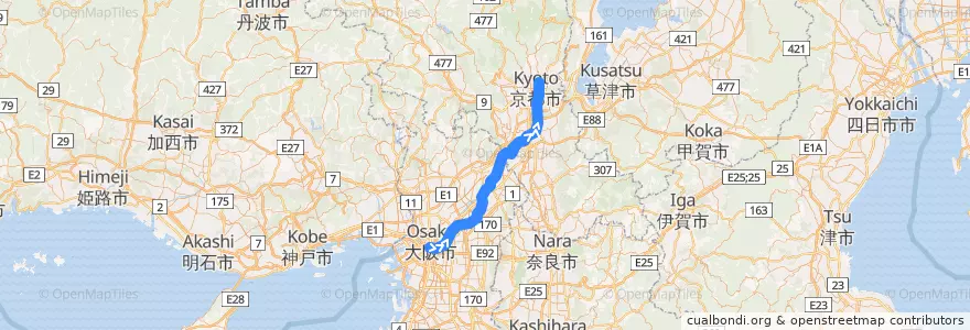 Mapa del recorrido 京阪本線・鴨東線 特急 淀屋橋-->出町柳 de la línea  en Japón.