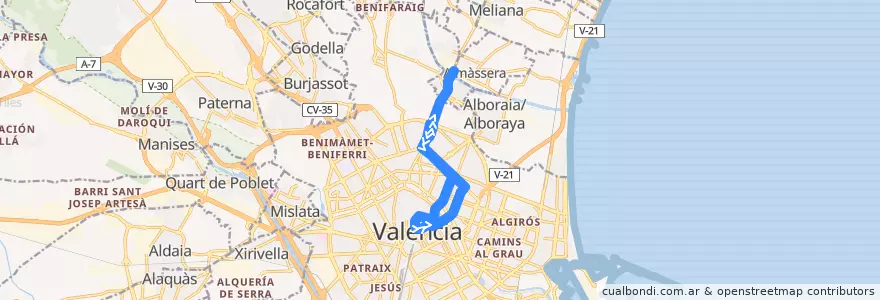 Mapa del recorrido Bus N2: Pl. de l'Ajuntament => P. Reig/Tavernes de la línea  en Comarca de València.