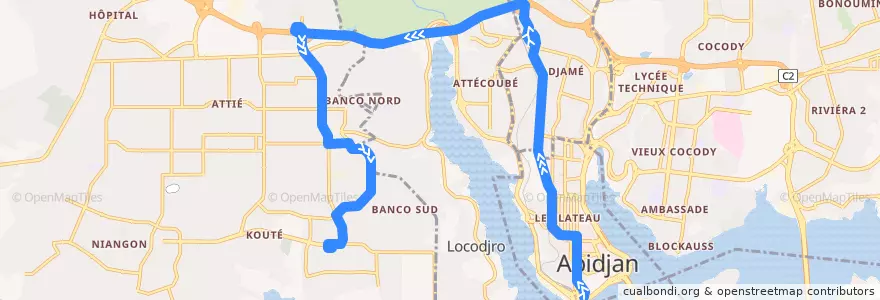 Mapa del recorrido bus 37: Gare Sud→Yopougon Camp Militaire de la línea  en Abidjan.