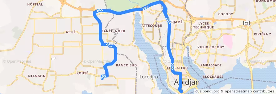Mapa del recorrido bus 37 : Yopougon Camp Militaire → Gare Sud de la línea  en Abidjan.