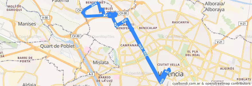Mapa del recorrido Bus N3: Pl. de l'Ajuntament => F. Católic/Benimàmet de la línea  en Comarca de València.