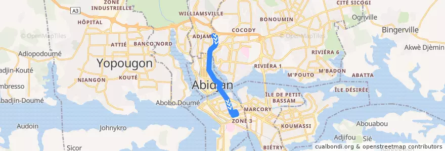 Mapa del recorrido gbaka : Adjamé Liberté → Treichville Gare de Bassam de la línea  en Abidjan.