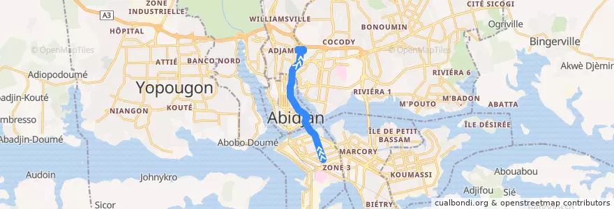 Mapa del recorrido gbaka : Treichville Gare de Bassam → Adjamé Liberté de la línea  en Abidjan.