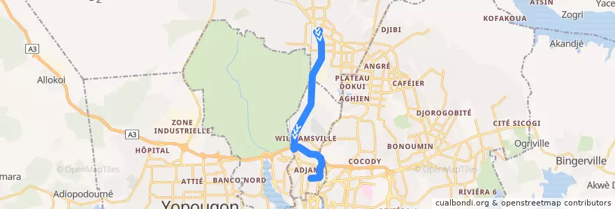 Mapa del recorrido gbaka : Abobo Gare Mairie → Adjamé Marché Gouro de la línea  en Abidjan.