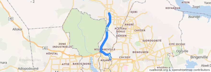 Mapa del recorrido gbaka : Adjamé Liberté → Abobo Gare Mairie (par l'autoroute) de la línea  en 阿比让.