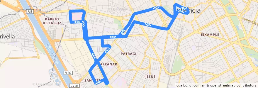 Mapa del recorrido Bus N5: Pl. de l'Ajuntament => Sant Isidre/la Fontsanta de la línea  en Comarca de València.