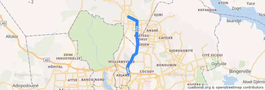 Mapa del recorrido gbaka : Adjamé Liberté → Abobo Gare Mairie de la línea  en Abidjan.