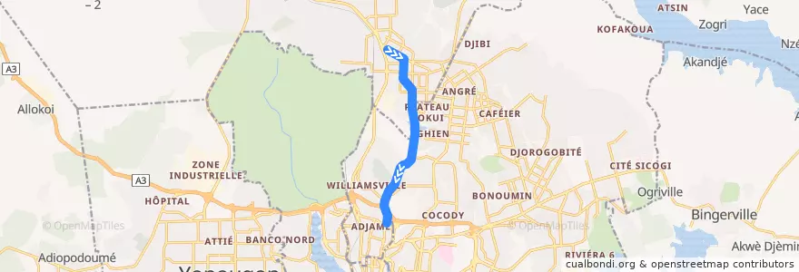 Mapa del recorrido gbaka : Abobo Gare Mairie → Adjamé Liberté de la línea  en Abidjan.