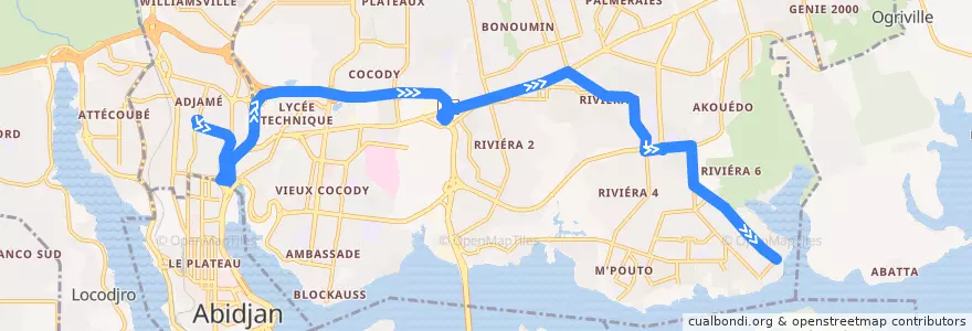 Mapa del recorrido gbaka : Adjamé gare en haut→ Cocody Riviera M'badon de la línea  en Cocody.