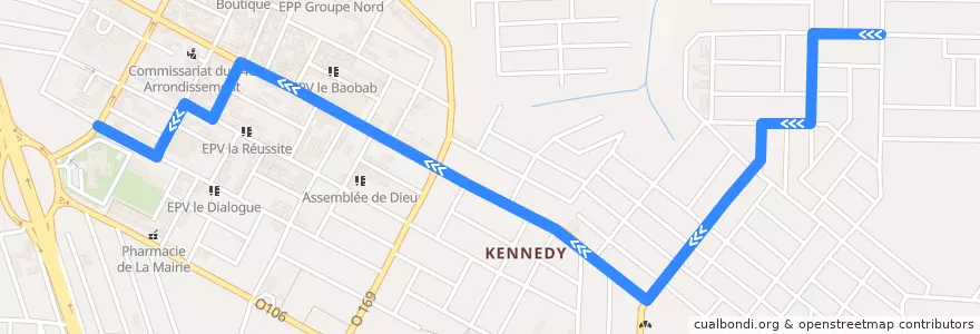 Mapa del recorrido gbaka: Kennedy Marché→Gare Abobo Kennedy de la línea  en Abobo.