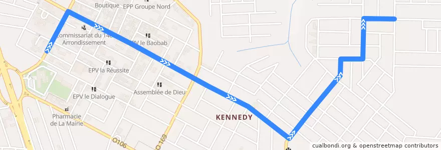 Mapa del recorrido gbaka: Gare Abobo Kennedy → Kennedy Marché de la línea  en Abobo.