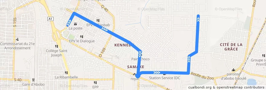 Mapa del recorrido gbaka: Gare Abobo Kennedy → Kennedy Mosquée Ado de la línea  en Abobo.
