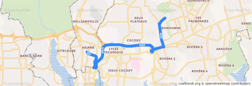 Mapa del recorrido gbaka : Adjamé gare en haut → Cocody Attoban Camp de la línea  en Cocody.