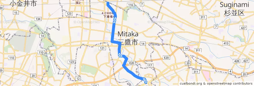 Mapa del recorrido Bus 鷹54 仙川->三鷹駅-> via 南浦・新川団地中央 de la línea  en Mitaka.