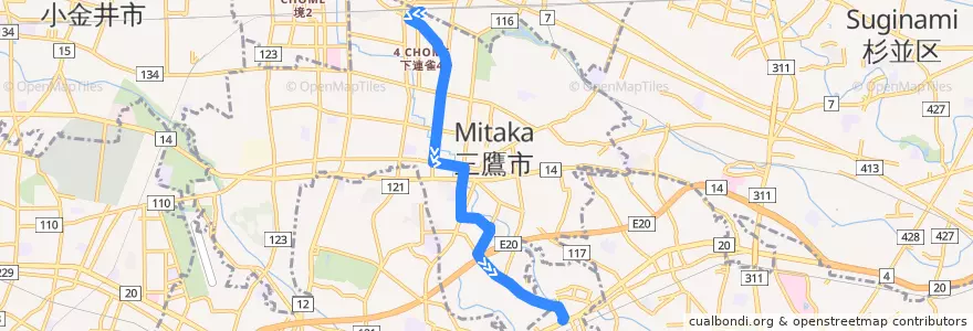 Mapa del recorrido Bus 鷹54 三鷹駅->仙川 via 南浦・新川団地中央 de la línea  en Tokyo.