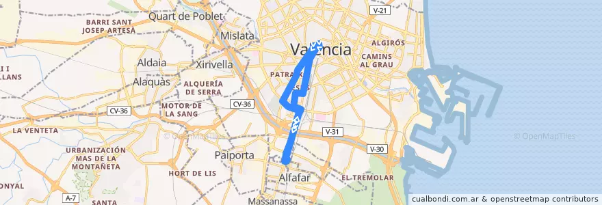 Mapa del recorrido Bus N6: Pl. de l'Ajuntament => Jesús/la Torre de la línea  en Comarca de València.