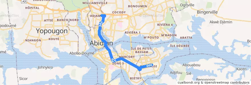 Mapa del recorrido bus 13 : Gare Koumassi → Adjamé Liberté de la línea  en Abidjan.