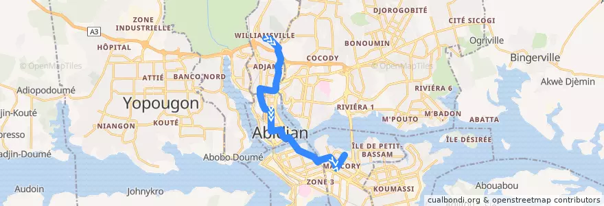 Mapa del recorrido bus 14 : Gare Williamsville → Gare Marcory de la línea  en Abidjan.