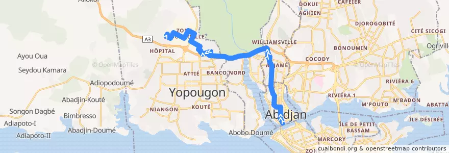 Mapa del recorrido bus 20 : Gare Sud → Yopougon Micao de la línea  en Abidjan.