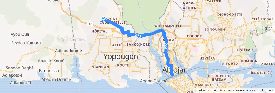 Mapa del recorrido bus 20 : Yopougon Micao → Gare Sud de la línea  en Abidjan.