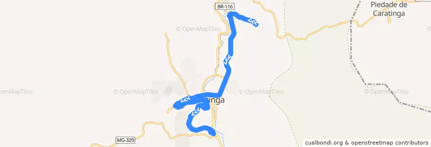 Mapa del recorrido U02 - Zacarias/Aparecida via Seminário de la línea  en Caratinga.