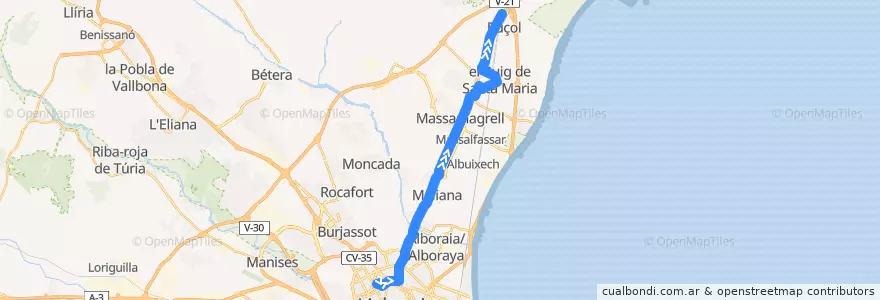 Mapa del recorrido Valencia - Puçol de la línea  en Valencia.