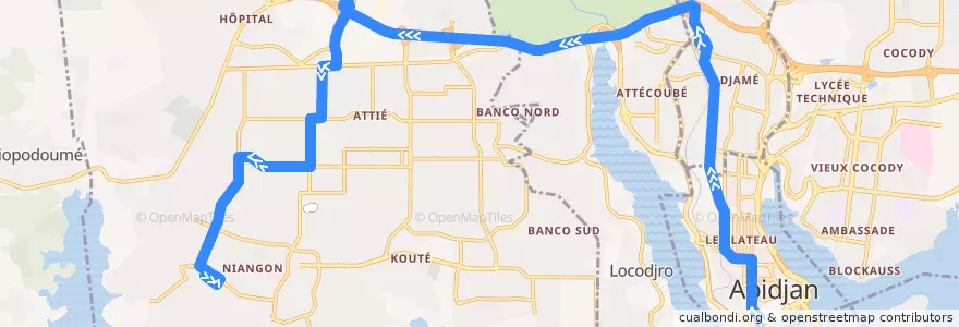 Mapa del recorrido bus 39 : Gare Sud → Niangon Sud à droite de la línea  en Abidjan.