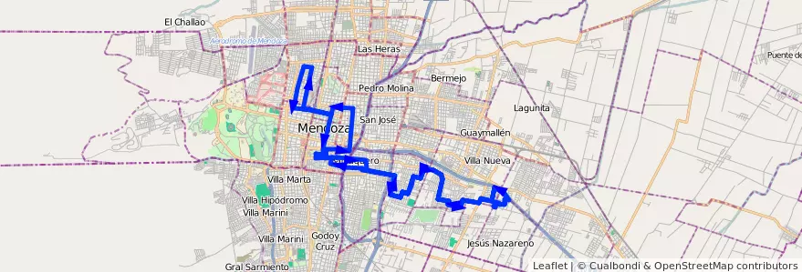 Mapa del recorrido 102 - Bº San Cayetano - 6ª Sección - Casa de Gob. de la línea G08 en Mendoza.
