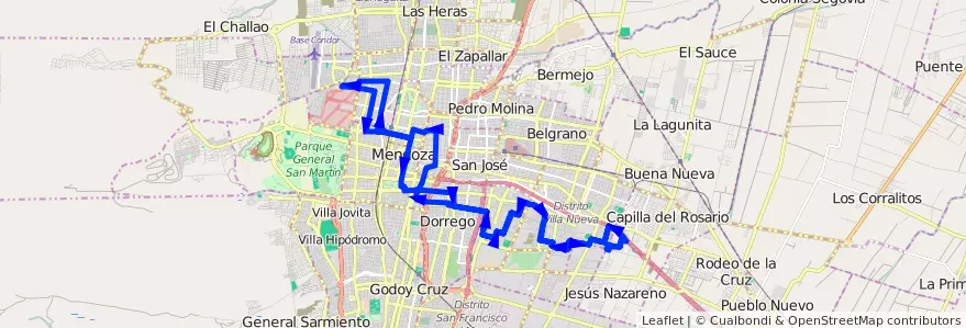 Mapa del recorrido 102 - Bº San Cayetano - 6ª Sección de la línea G08 en Мендоса.