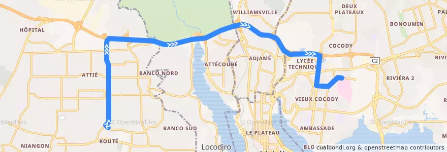 Mapa del recorrido bus 85 : Yopougon Kouté → Campus Cocody de la línea  en Abidjan.