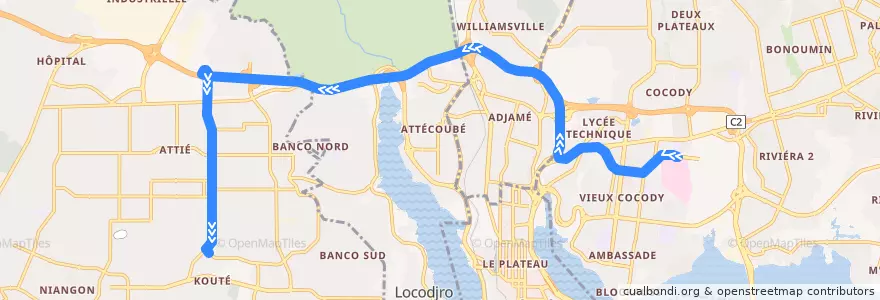 Mapa del recorrido bus 85 : Campus Cocody → Yopougon Kouté de la línea  en Abidjan.