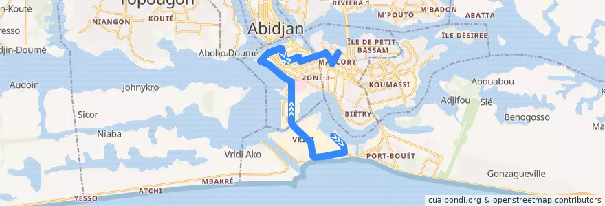 Mapa del recorrido bus 07 : Terminus Cité Vridi → Gare Marcory de la línea  en Abidjan.