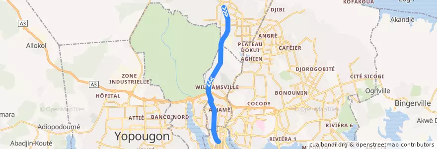 Mapa del recorrido bus 54 : Gendarmerie Abobo → Gare Cité Administrative de la línea  en Abidjan.