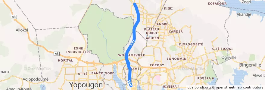 Mapa del recorrido bus 54 : Musée du Plateau → Gendarmerie Abobo de la línea  en Абиджан.