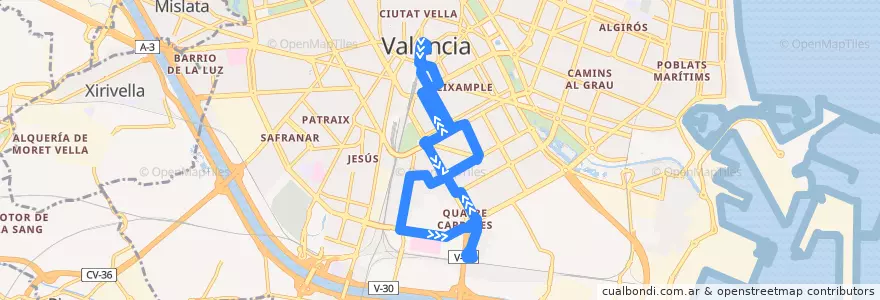 Mapa del recorrido Bus N7: Pl. de l'Ajuntament => Malilla/la Fonteta de la línea  en Comarca de València.