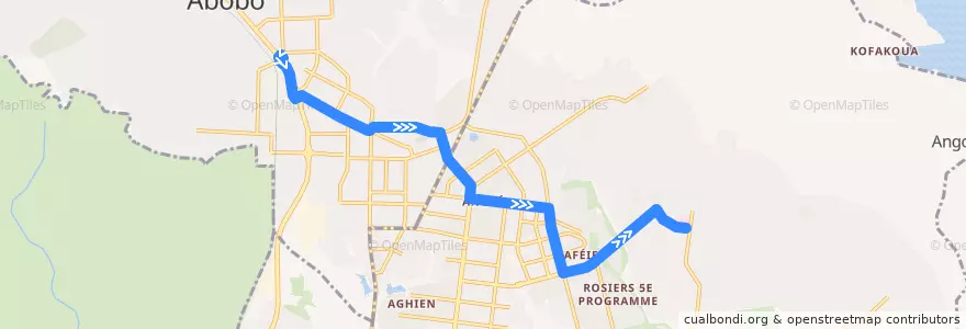 Mapa del recorrido bus 611 : Gendarmerie Abobo→CHU Angré de la línea  en Abidjan.