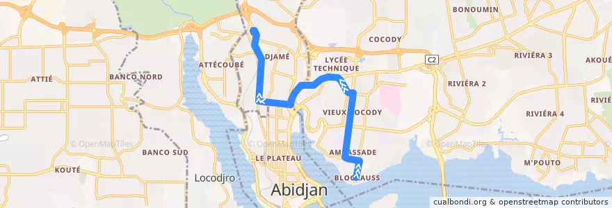 Mapa del recorrido bus 84 : Blockauss → Gare Nord de la línea  en Abiyán.