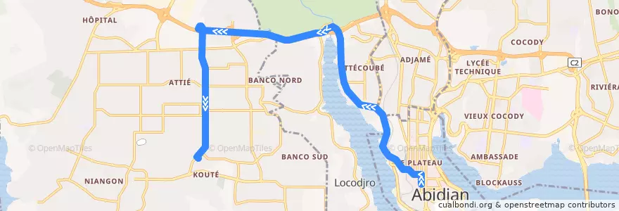 Mapa del recorrido bus 206 : Hôtel de ville → Yopougon Kouté de la línea  en Abidjan.