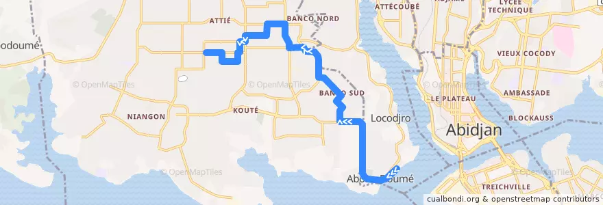 Mapa del recorrido bus 47: Abobo Doumé → Yopougon Attié de la línea  en Yopougon.
