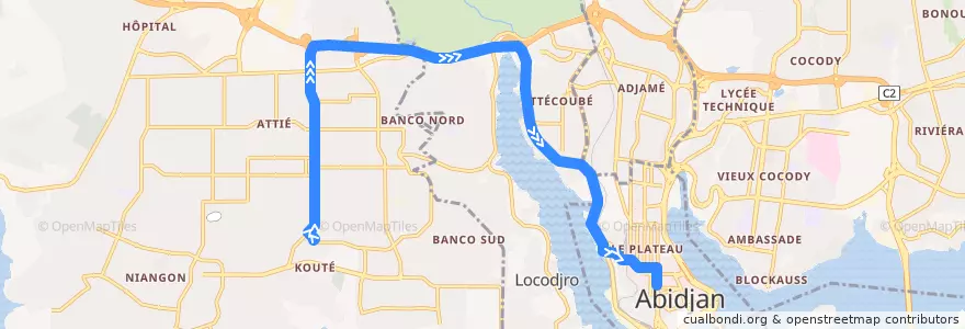 Mapa del recorrido bus 206 : Yopougon Kouté → Hôtel de ville de la línea  en Abidjan.