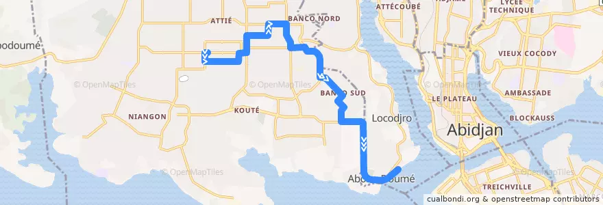 Mapa del recorrido bus 47: Yopougon Attié→ Abobo Doumé de la línea  en Yopougon.