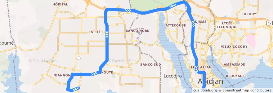 Mapa del recorrido bus 27 : Niangon Sud à gauche → Gare Sud de la línea  en Abidjan.