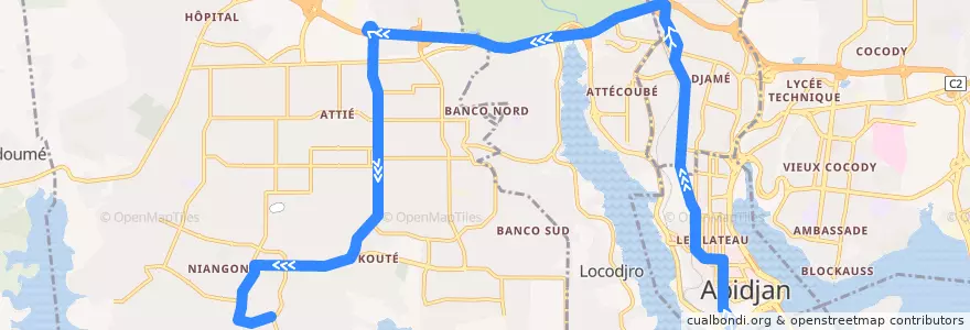 Mapa del recorrido bus 27 : Gare Sud → Niangon Sud à gauche de la línea  en Abidjan.