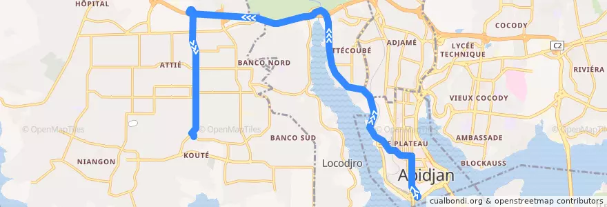 Mapa del recorrido bus 40 : Gare Sud → Yopougon Kouté de la línea  en Abidjan.