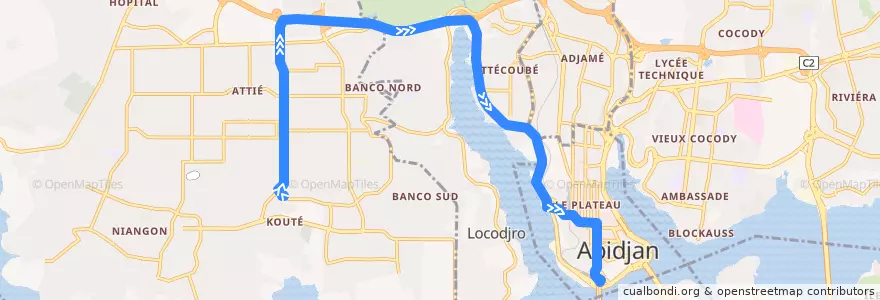 Mapa del recorrido bus 40 : Yopougon Kouté → Gare Sud de la línea  en Abidjan.