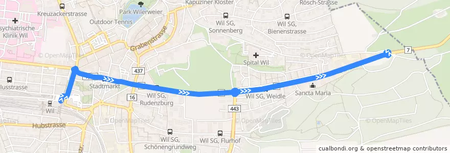 Mapa del recorrido Bus 704: Wil, Bahnhof => Wil, Wilerwald de la línea  en Wil (SG).