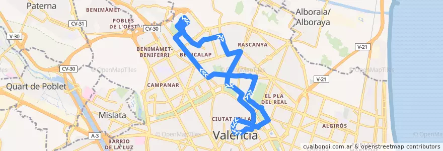 Mapa del recorrido Bus N10: Pl. de l'Ajuntament => C. Fallera/Cno. Montcada de la línea  en Comarca de València.