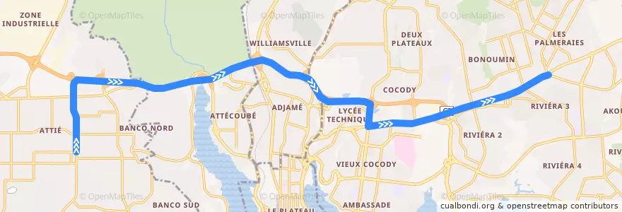 Mapa del recorrido bus 720 : Yopougon Lavage Saint André → Rond-point Palmeraie de la línea  en Abidjan.