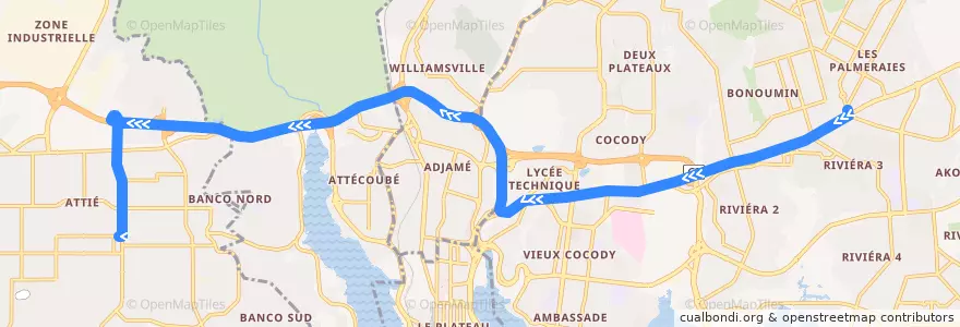 Mapa del recorrido bus 720 : Rond-point Palmeraie → Yopougon Lavage Saint André de la línea  en Abidjan.
