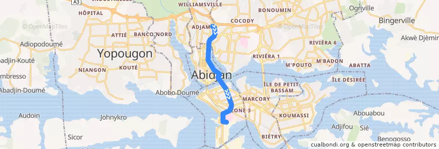 Mapa del recorrido bus 58 : Adjamé Liberté → Port de pêche de la línea  en Abidjan.